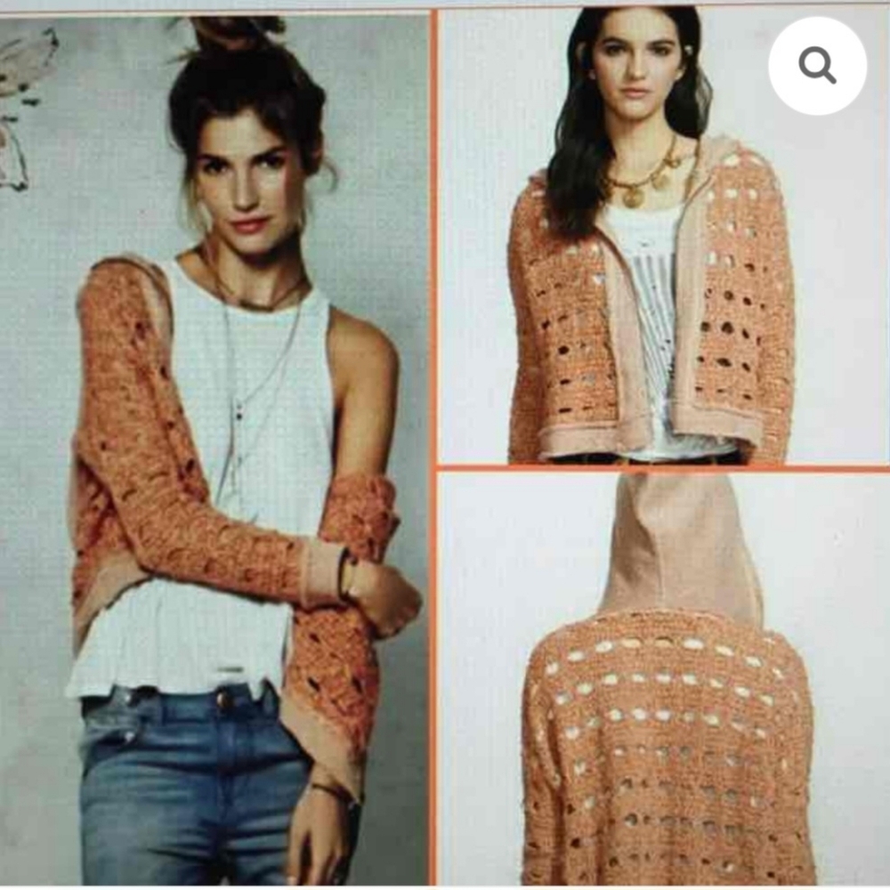 Free People Crochet Knit Zip Up Jacket in Dusty Rose/ Orange. Size XS
